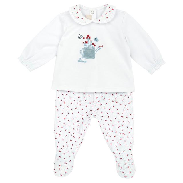 Completo Chicco per bambina in morbido jersey di cotone bianco con stampa floreale, maglia e pantaloni con piedini, ideale primavera/estate. | Chicco