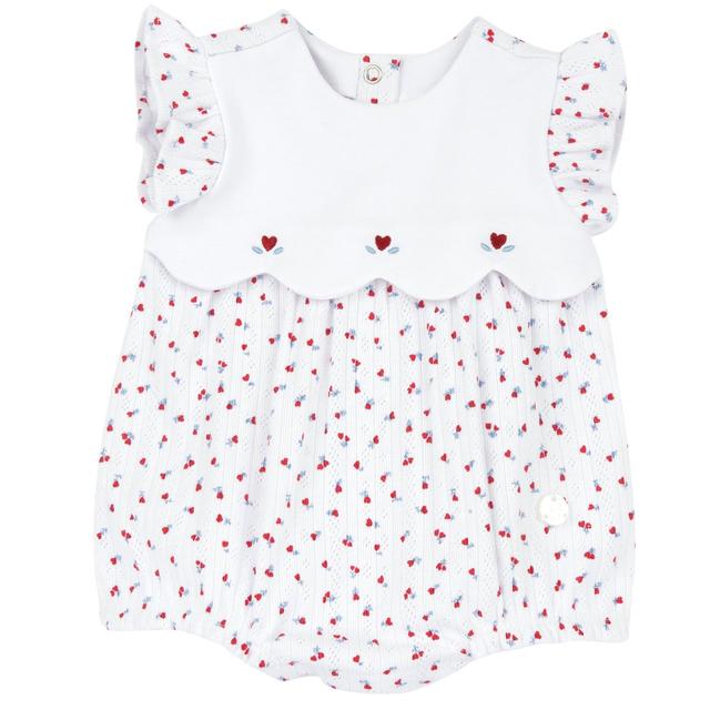 Pagliaccetto corto bianco in cotone sostenibile per bambina, con stampa floreale, effetto smerlato e grafica ricamata. | Chicco