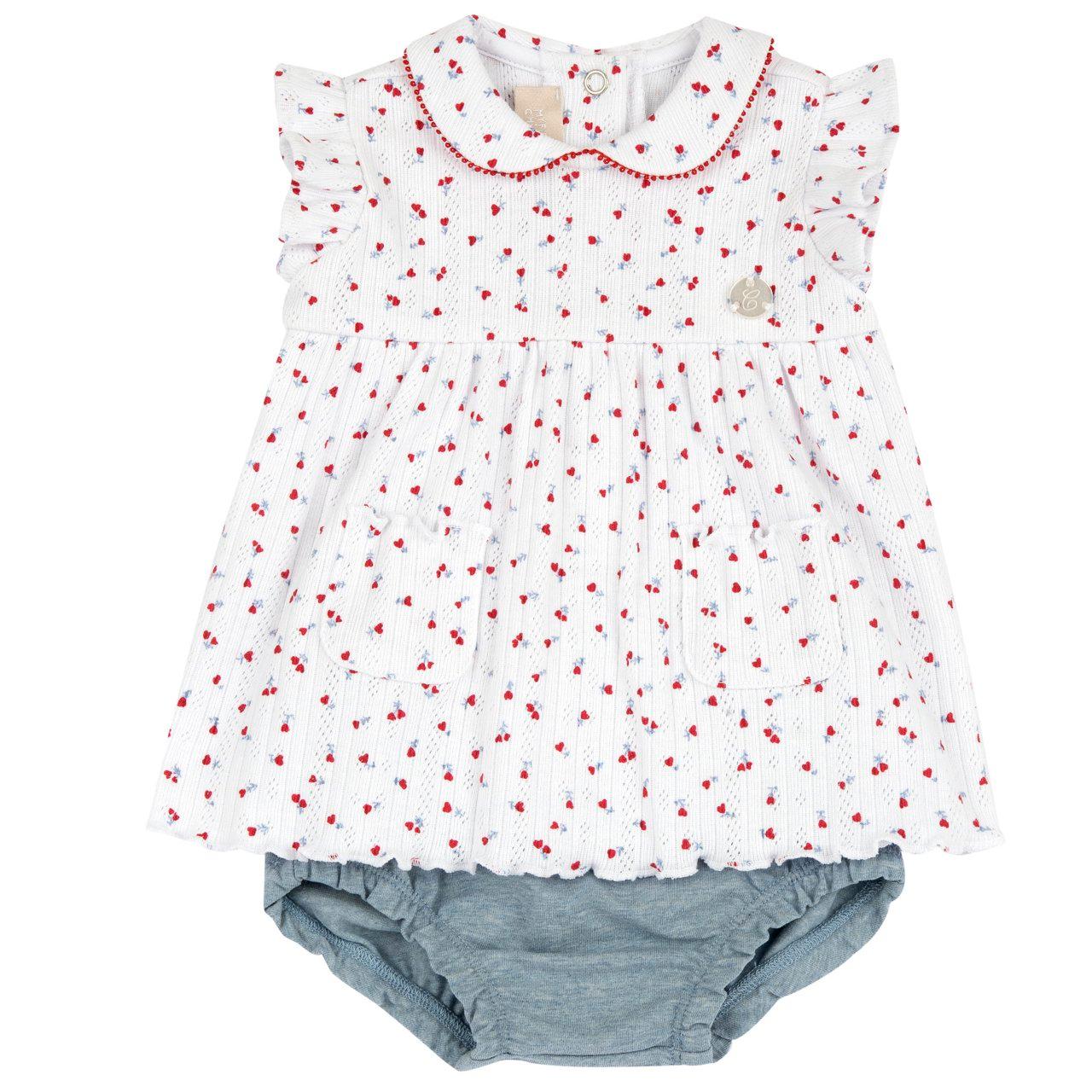 Completo vestito a manica corta con culotte bianca in cotone sostenibile Oeko-Tex, stampa floreale jacquard e medaglietta madreperla. | Chicco