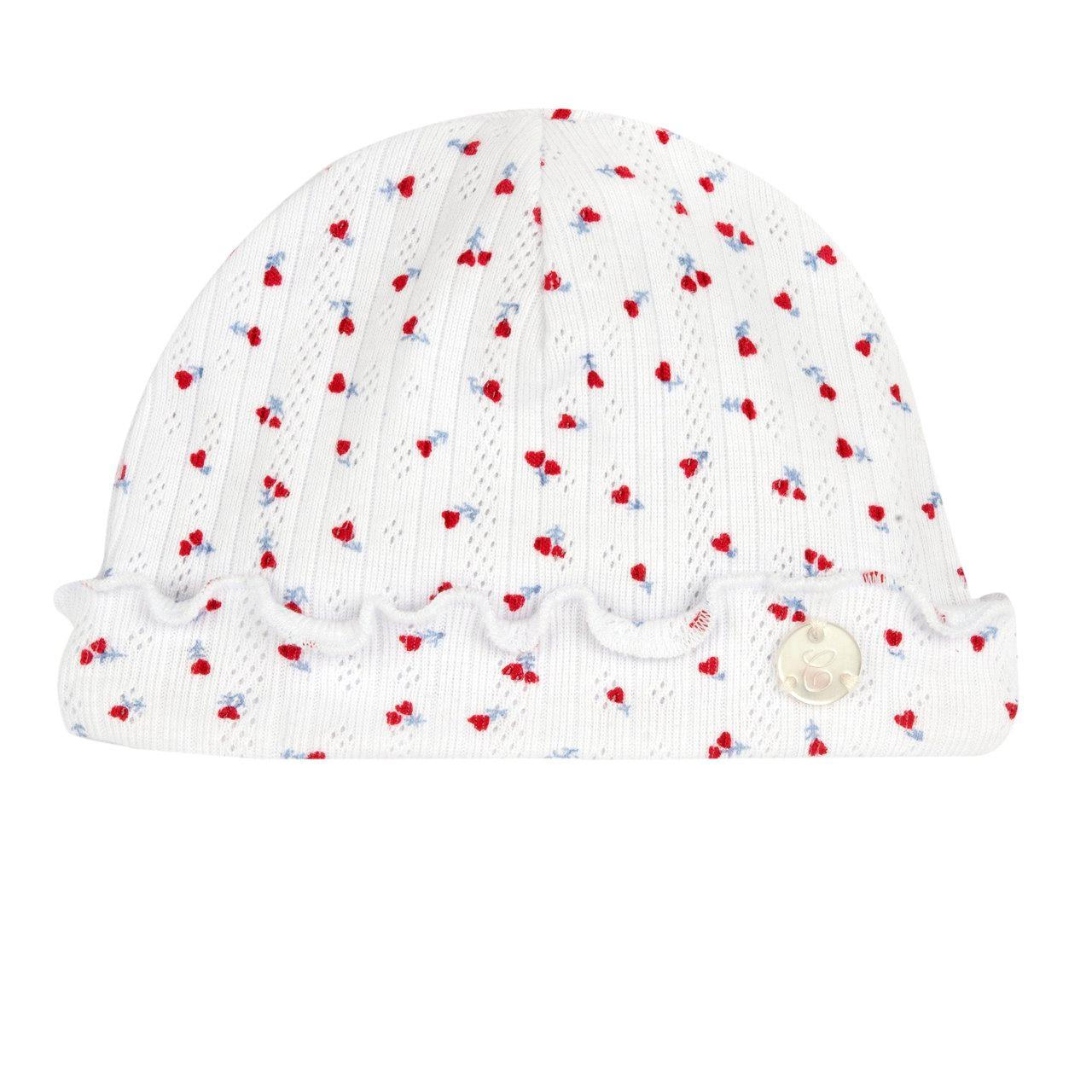 Cappello con risvolto bianco in cotone sostenibile per bambina, con stampa floreale vivace e medaglietta effetto madreperla, foderato in cotone elasticizzato. | Chicco