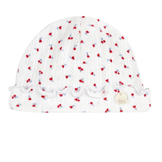 Cappello con risvolto bianco in cotone sostenibile per bambina, con stampa floreale vivace e medaglietta effetto madreperla, foderato in cotone elasticizzato. | Chicco