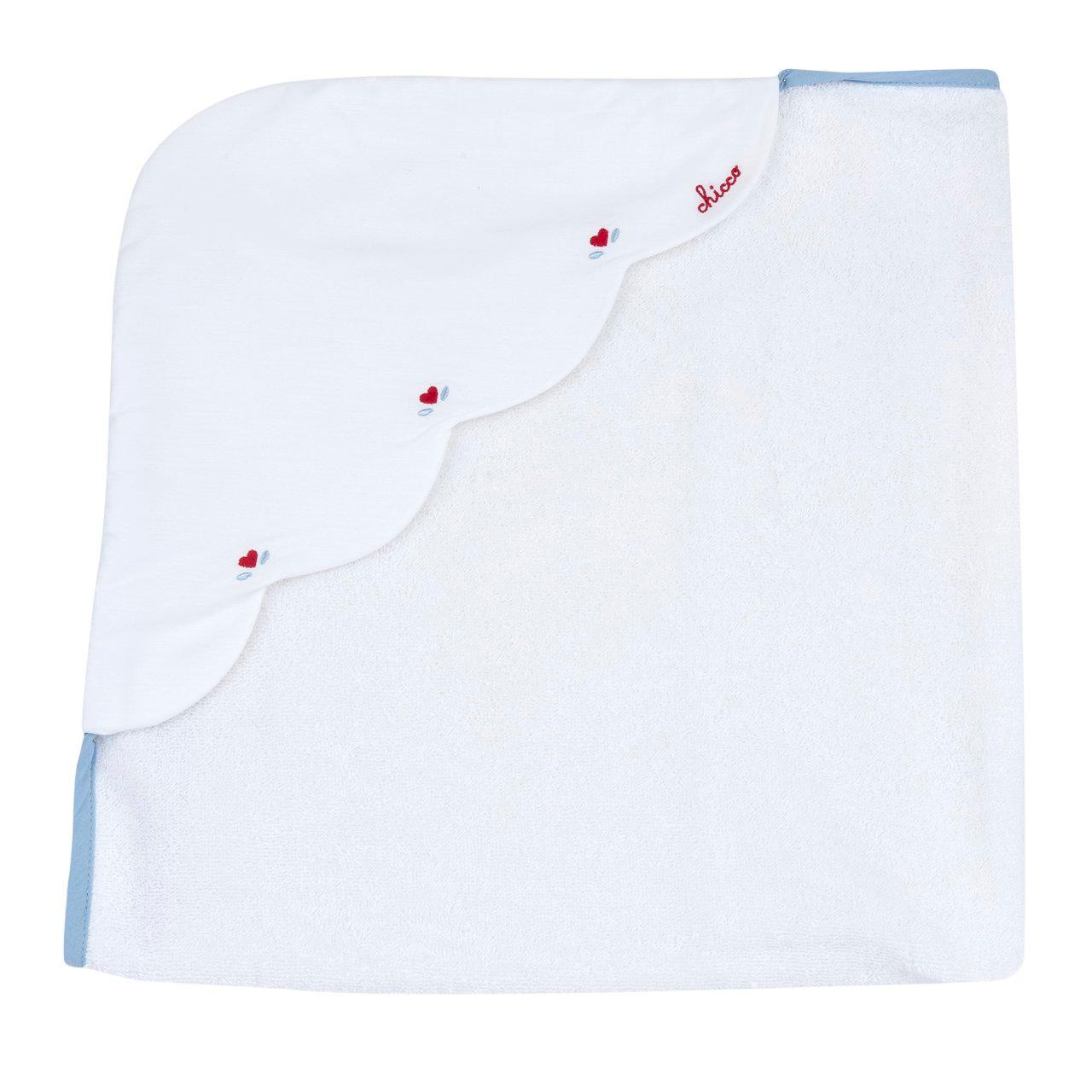 Accappatoio quadrato Chicco in spugna di cotone bianco 76x76 cm per bambina, con grafica ricamata e cappuccio smerlato. | Chicco