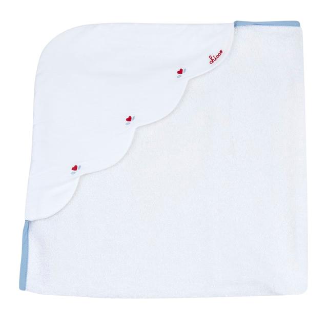 Accappatoio quadrato Chicco in spugna di cotone bianco 76x76 cm per bambina, con grafica ricamata e cappuccio smerlato. | Chicco