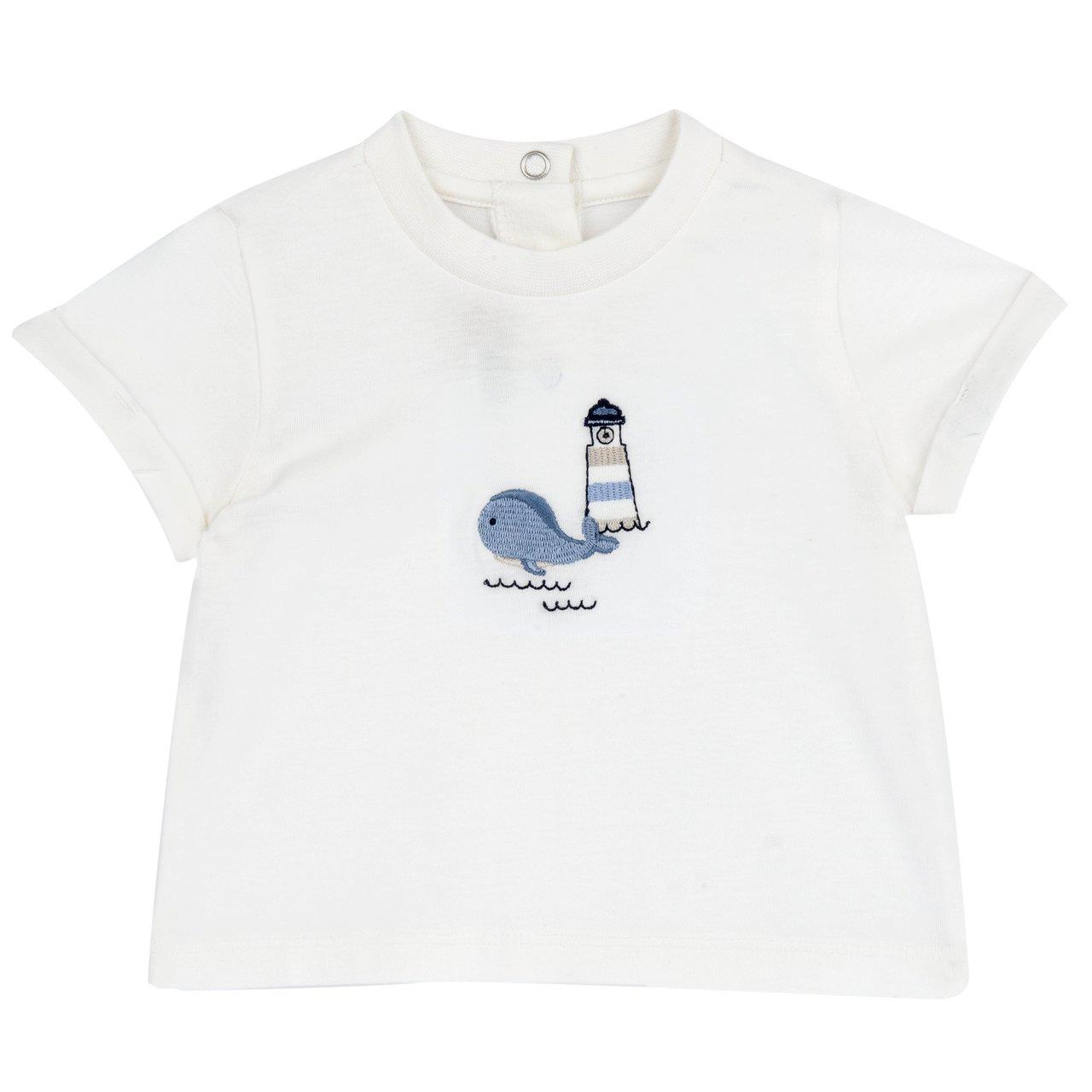 Maglietta a manica corta bianca in morbido jersey di cotone per bambino Chicco, con grafica ricamata e bottoni automatici sul retro. | Chicco