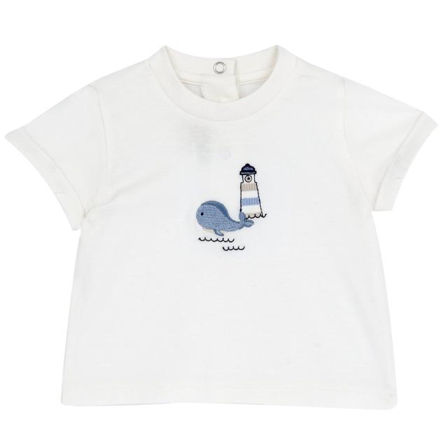 Maglietta a manica corta bianca in morbido jersey di cotone per bambino Chicco, con grafica ricamata e bottoni automatici sul retro. | Chicco