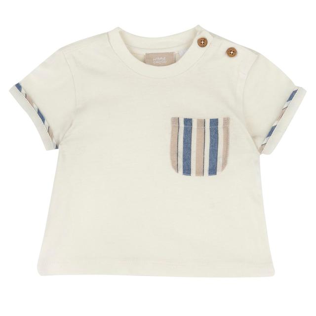 Maglietta a manica corta bianca in cotone sostenibile per bambino Chicco, con tasca e profili a righe, perfetta per primavera ed estate. | Chicco