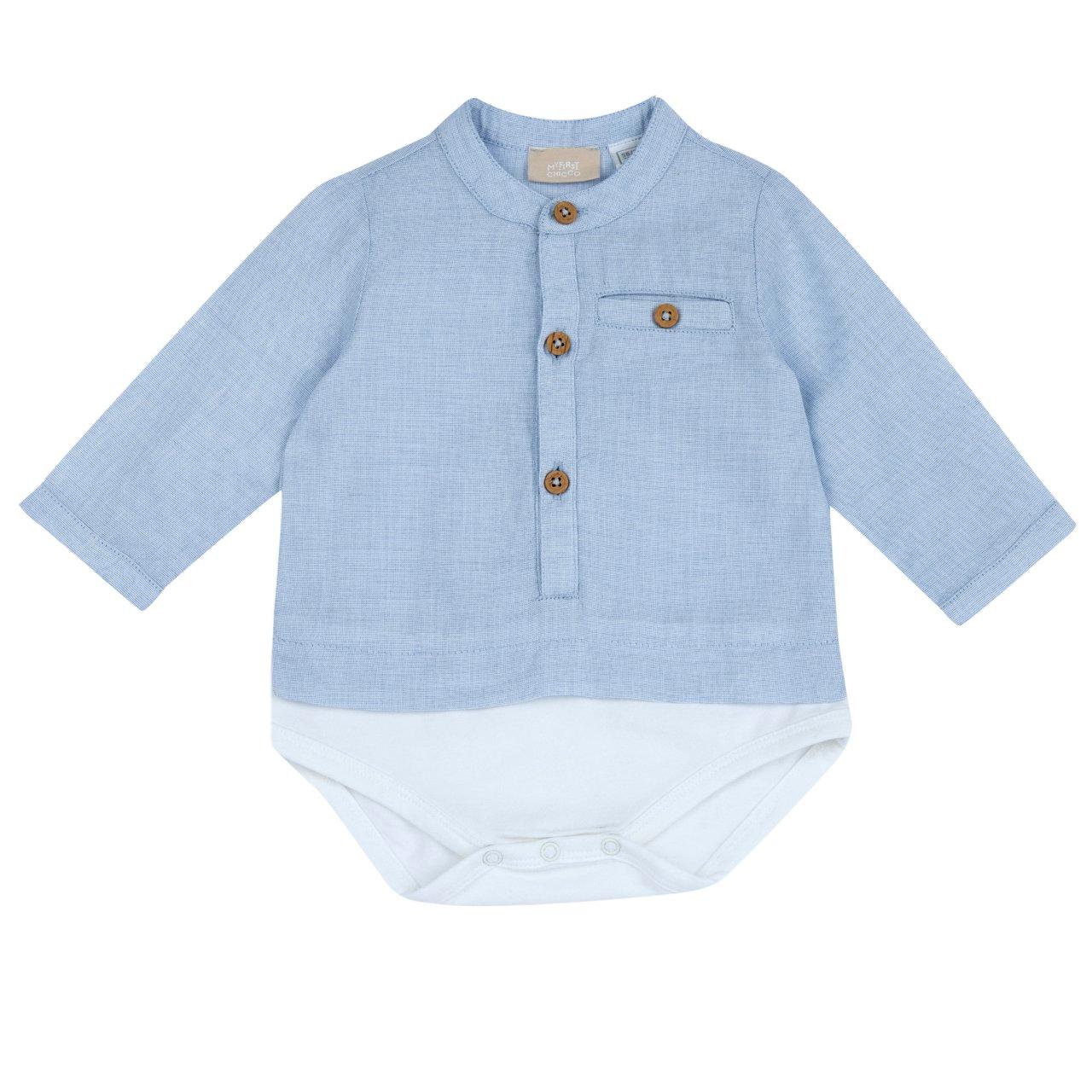 Camicia body azzurra a maniche lunghe per bambino Chicco in fil à fil e cotone elasticizzato, con bottoni effetto legno e chiusura interna automatica. | Chicco