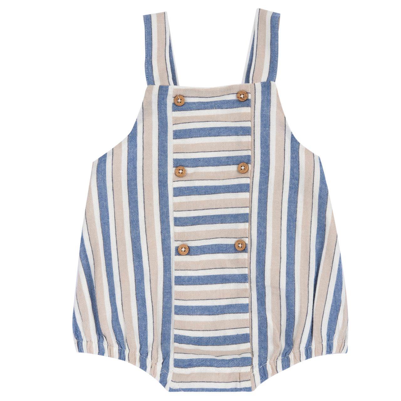 Pagliaccetto corto senza maniche Chicco grigio in cotone sostenibile a righe, con bottoni effetto legno e bretelle regolabili, ideale per primavera/estate. | Chicco