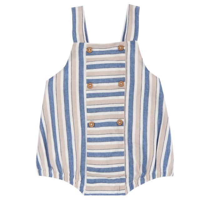 Pagliaccetto corto senza maniche Chicco grigio in cotone sostenibile a righe, con bottoni effetto legno e bretelle regolabili, ideale per primavera/estate. | Chicco