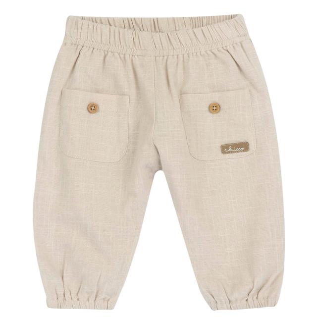 Pantaloni lunghi azzurri in cotone effetto lino per bambino Chicco con tasche applicate e bottoni effetto legno, ideali per primavera/estate. | Chicco