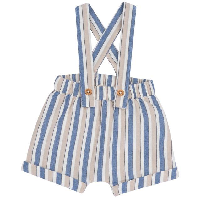Pantaloni corti grigi in cotone a righe tinto filo per bambino Chicco con bretelle e bottoni effetto legno, vita elasticizzata, certificati Oeko-Tex. | Chicco