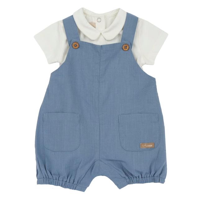 Completo body azzurro a maniche corte con salopette corta effetto lino per bambino Chicco, certificato Oeko-Tex. | Chicco