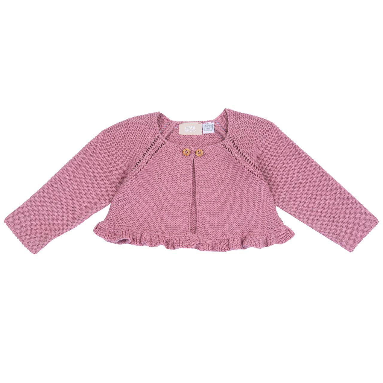 Cardigan girocollo rosa in maglia di cotone 100% per bambina Chicco, con motivo traforato e bottoncini effetto legno. | Chicco