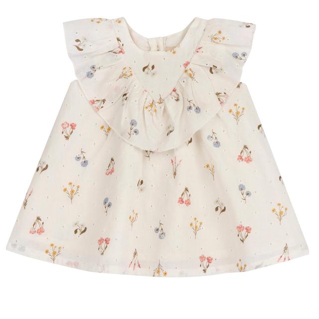 Vestito beige Chicco per bambina con maniche ad aletta in cotone ricamato Sangallo e stampa floreale. | Chicco