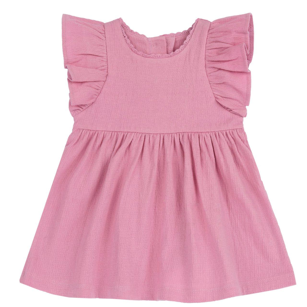 Vestito rosa in jersey di cotone goffrato Chicco per bambina con maniche ad aletta e profilo Sangallo sul collo. | Chicco