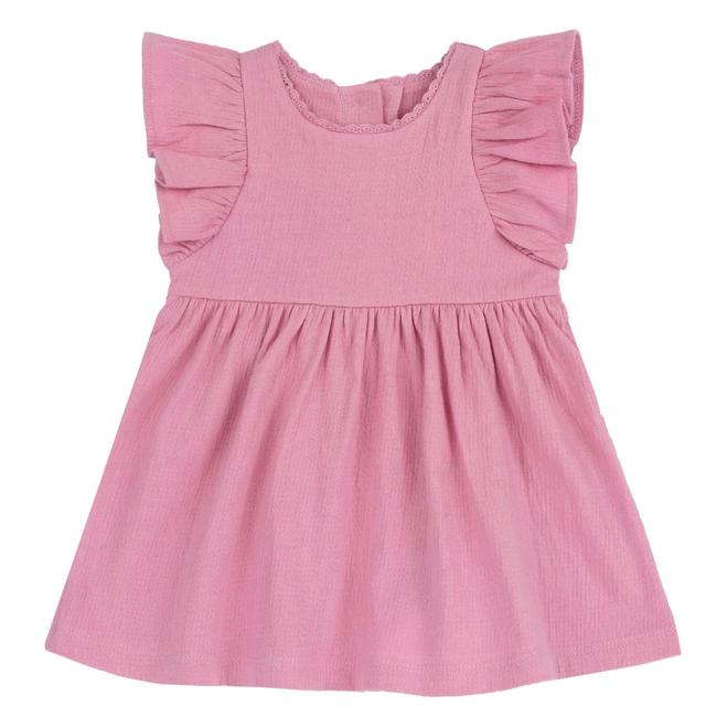 Vestito rosa in jersey di cotone goffrato Chicco per bambina con maniche ad aletta e profilo Sangallo sul collo. | Chicco