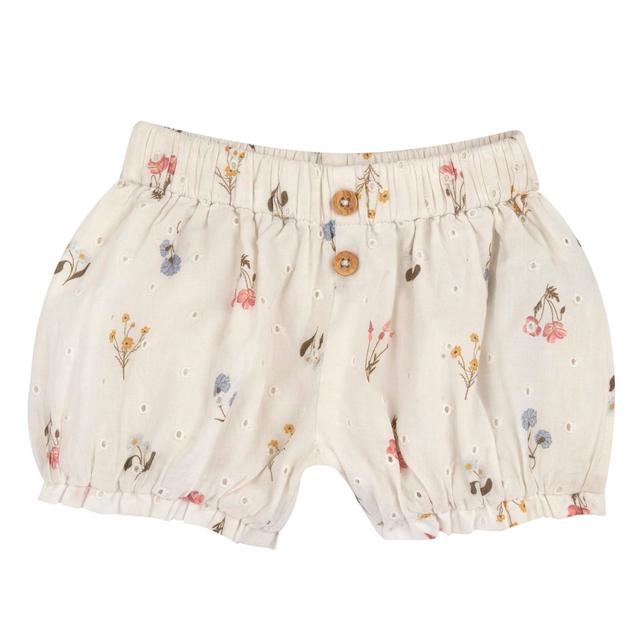 Pantaloni corti beige in cotone ricamato Sangallo per bambina, con stampa floreale delicata e vita elasticizzata. | Chicco