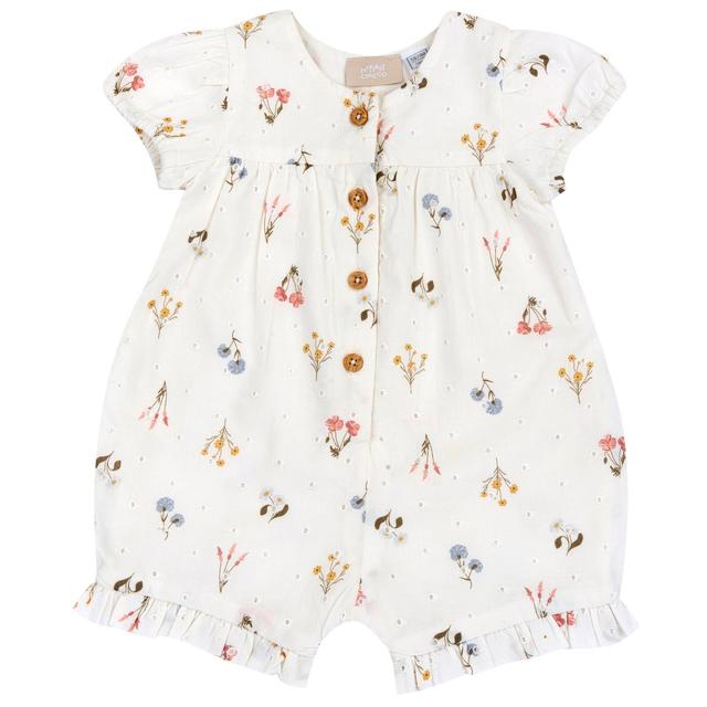 Pagliaccetto manica corta beige in cotone ricamato Sangallo con stampa a fiorellini, firmato Chicco, per bambina. | Chicco