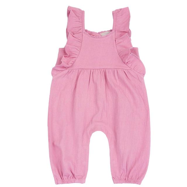 Salopette lunga rosa in jersey di cotone goffrato per bambina Chicco, con profilo Sangallo e fondo gamba elasticizzato. | Chicco