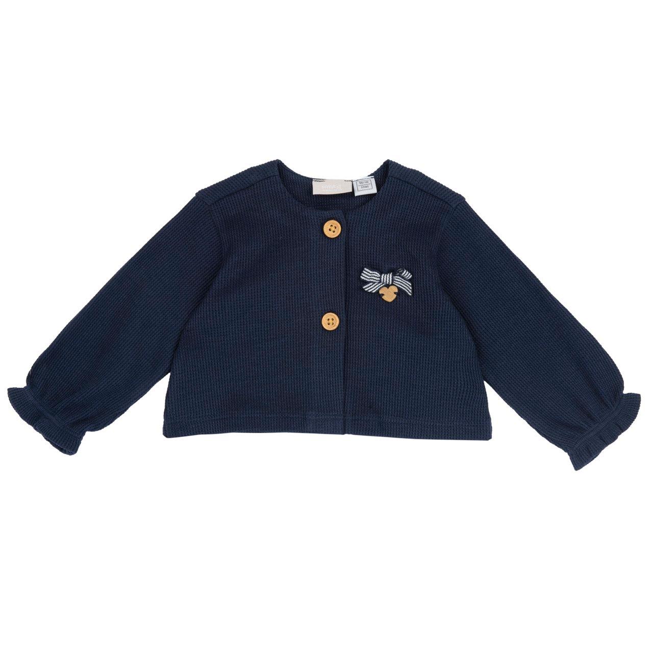 Cardigan blu in maglia operata per bambina Chicco con fiocchetto rigato e bottoni effetto legno, ideale per la primavera/estate. | Chicco