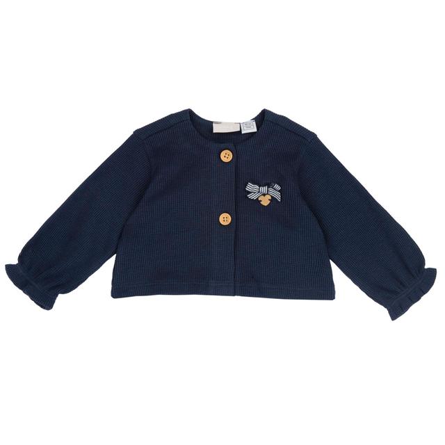 Cardigan blu in maglia operata per bambina Chicco con fiocchetto rigato e bottoni effetto legno, ideale per la primavera/estate. | Chicco