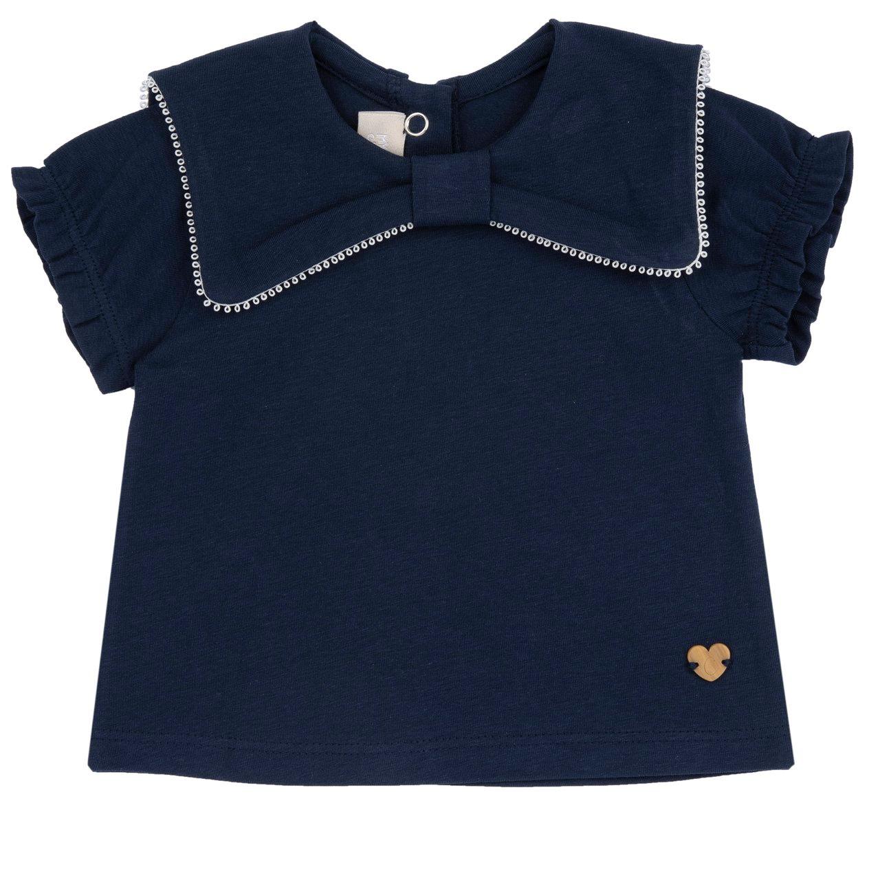 Maglietta a maniche corte blu per bambina Chicco con collo marinaretta e maniche a palloncino, realizzata in cotone sostenibile. | Chicco