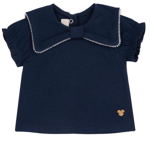 Maglietta a maniche corte blu per bambina Chicco con collo marinaretta e maniche a palloncino, realizzata in cotone sostenibile. | Chicco