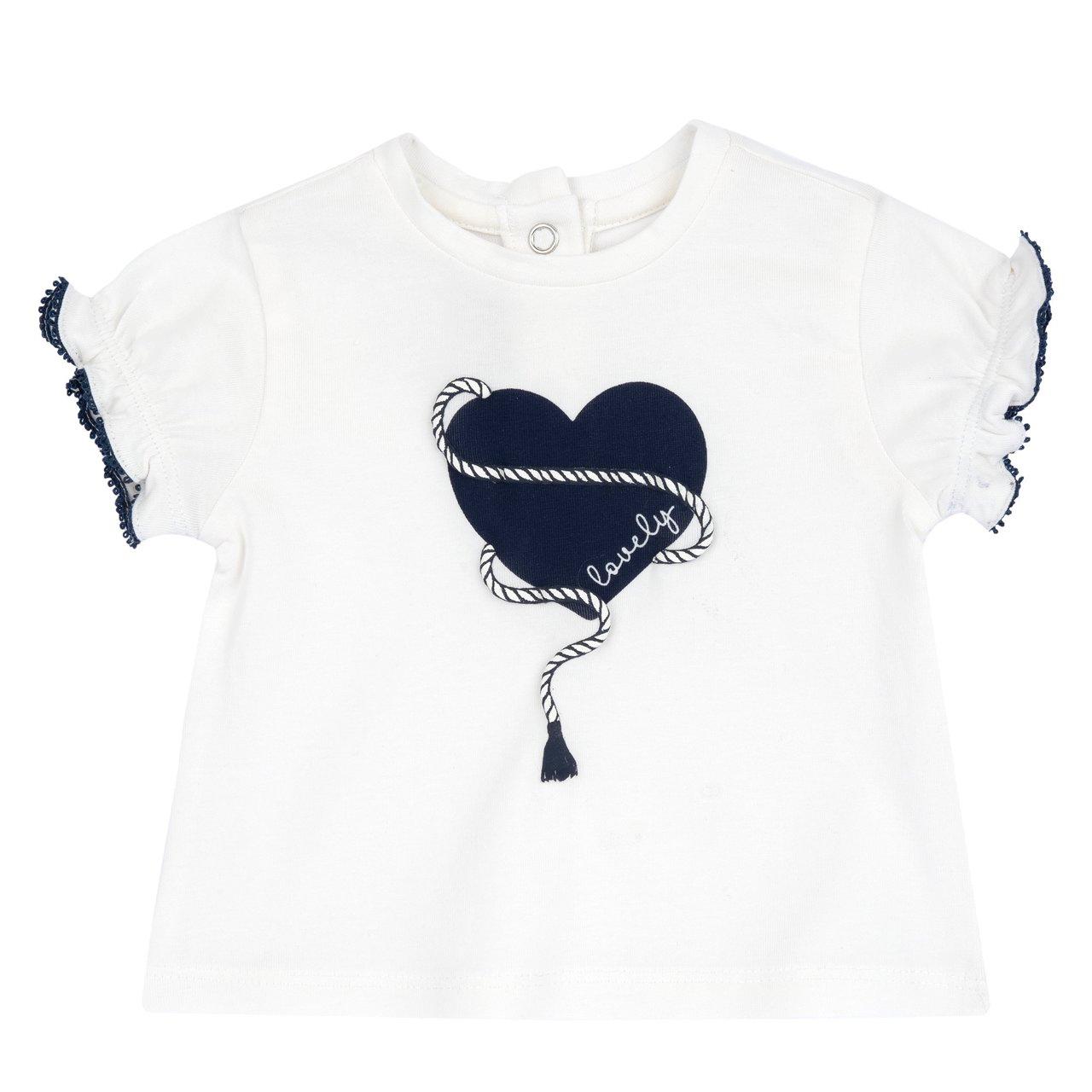 Maglietta a maniche corte bianca per bambina Chicco con stampa a cuore e maniche a palloncino in morbido jersey elasticizzato. | Chicco