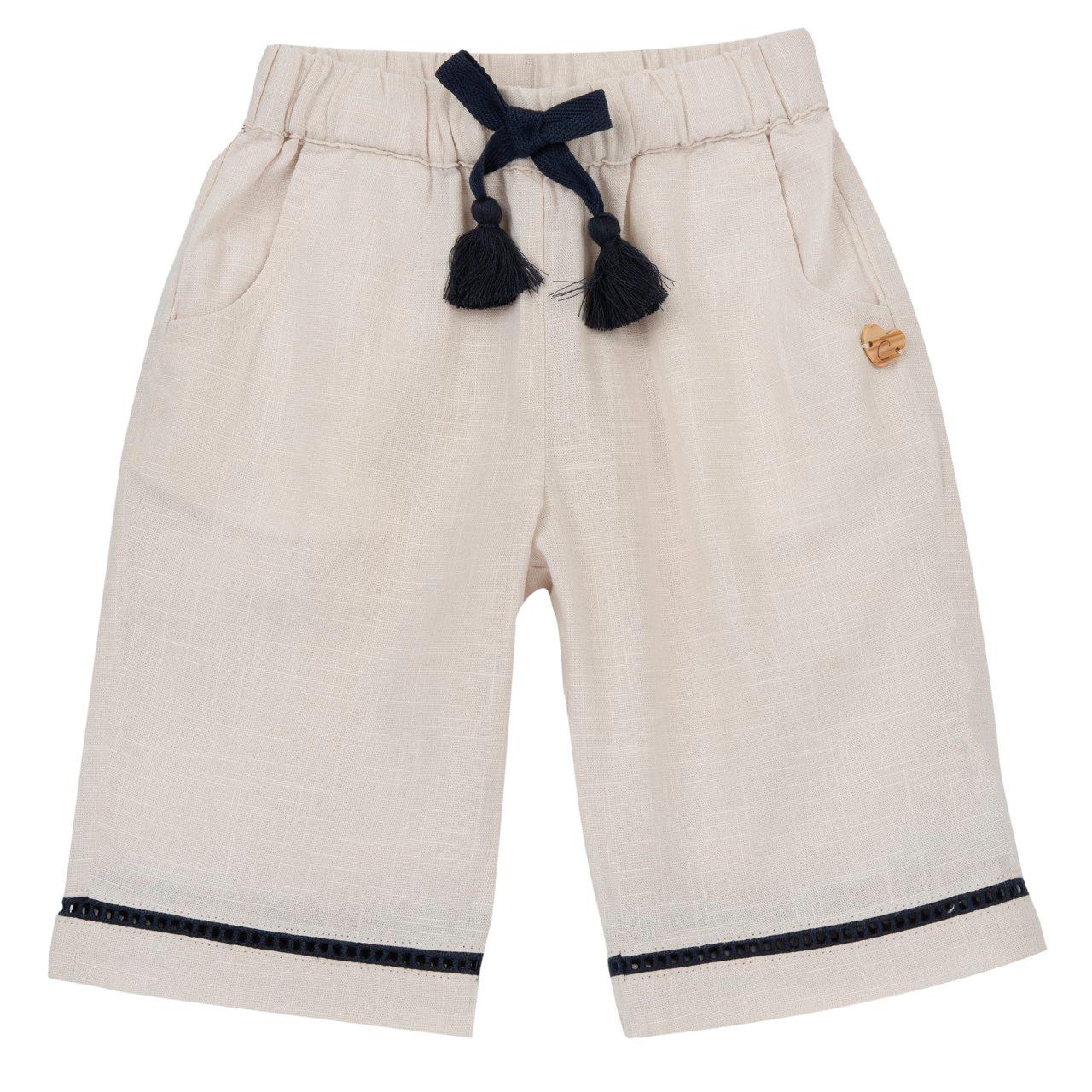 Pantaloni lunghi bianchi in cotone effetto lino per bambina Chicco con vita elasticizzata, fiocco in gros grain e nappine, ideali per primavera/estate. | Chicco