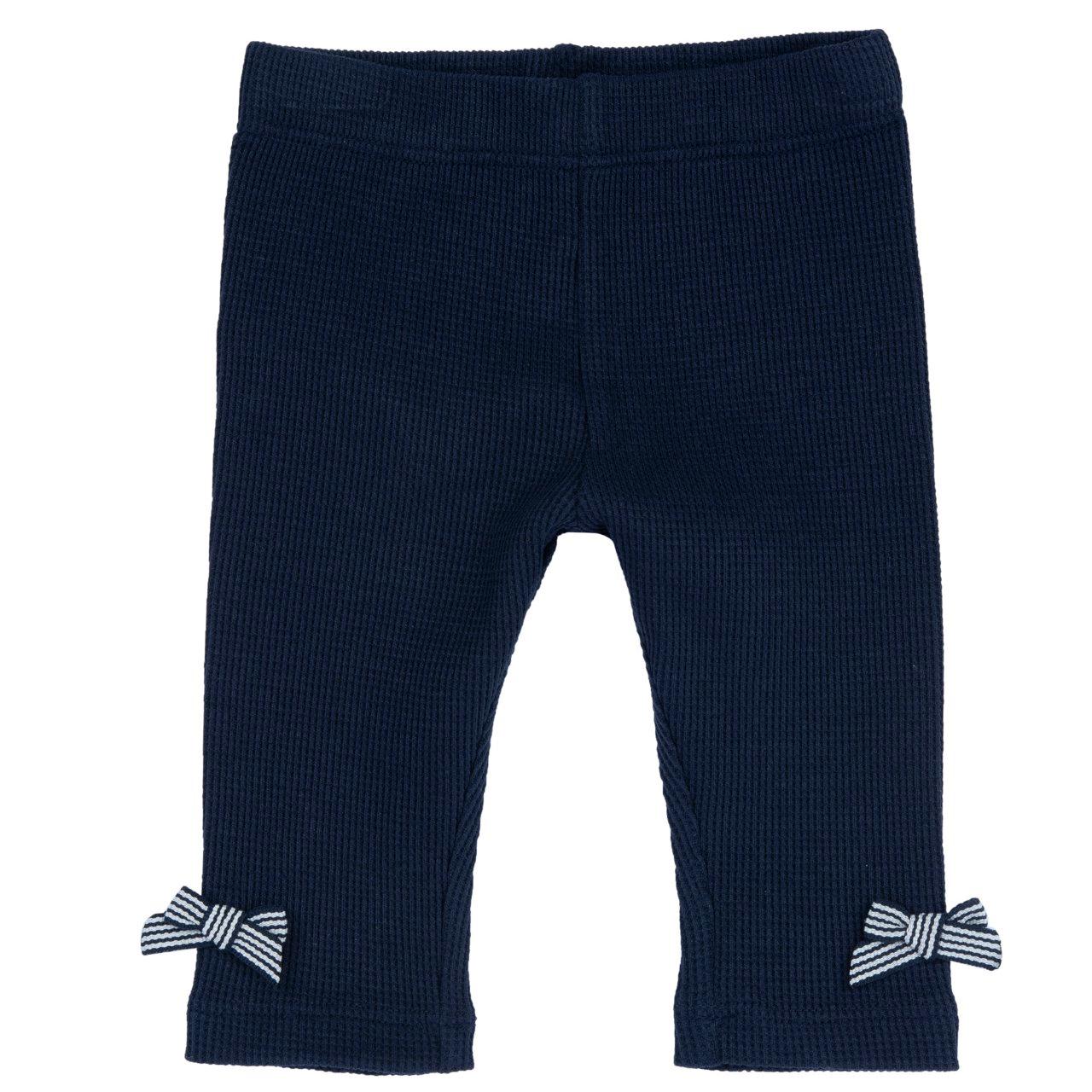Leggings lunghi blu tinta unita per bambina Chicco in cotone sostenibile con fiocchetti in gros grain rigato e vita elasticizzata. | Chicco