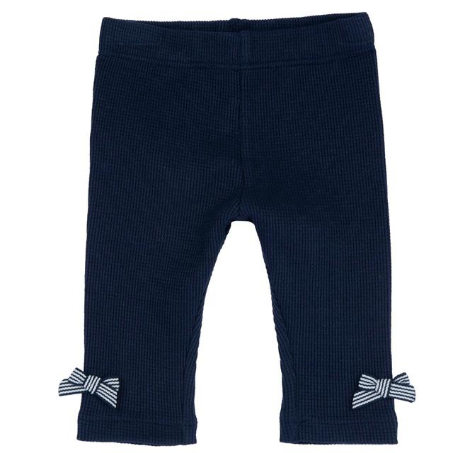 Leggings lunghi blu tinta unita per bambina Chicco in cotone sostenibile con fiocchetti in gros grain rigato e vita elasticizzata. | Chicco