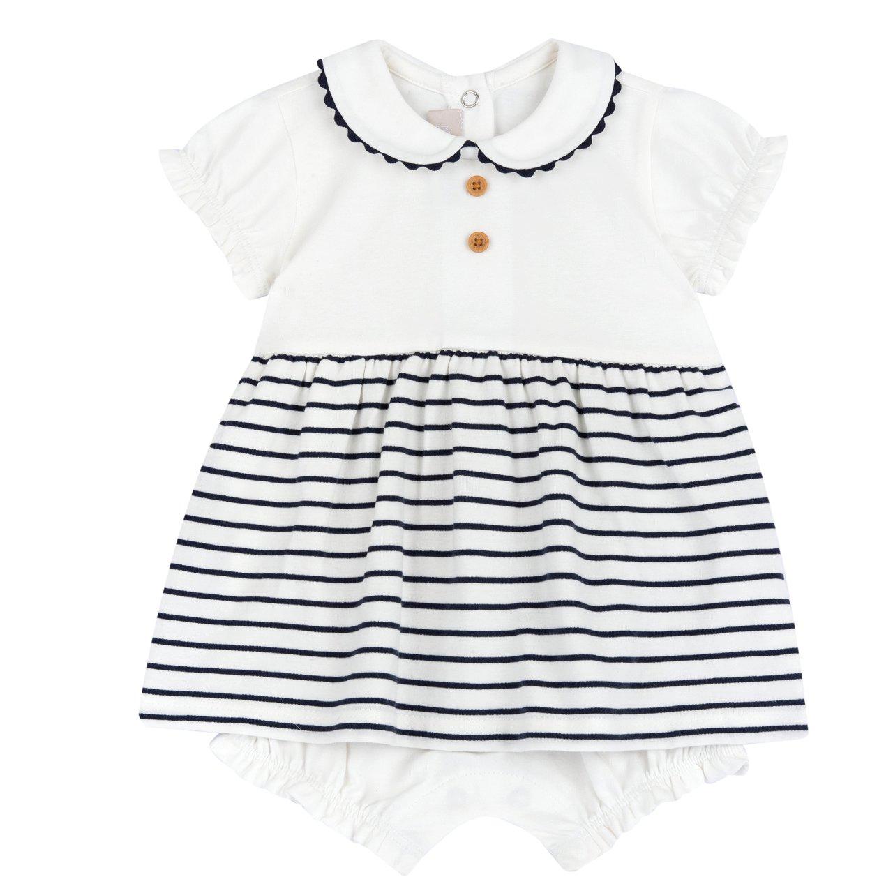 Pagliaccetto Chicco bianco a manica corta per bambina, in morbido jersey elasticizzato, con collo baby e maniche a palloncino, righe tinto filo e bottoncini decorativi effetto legno. | Chicco