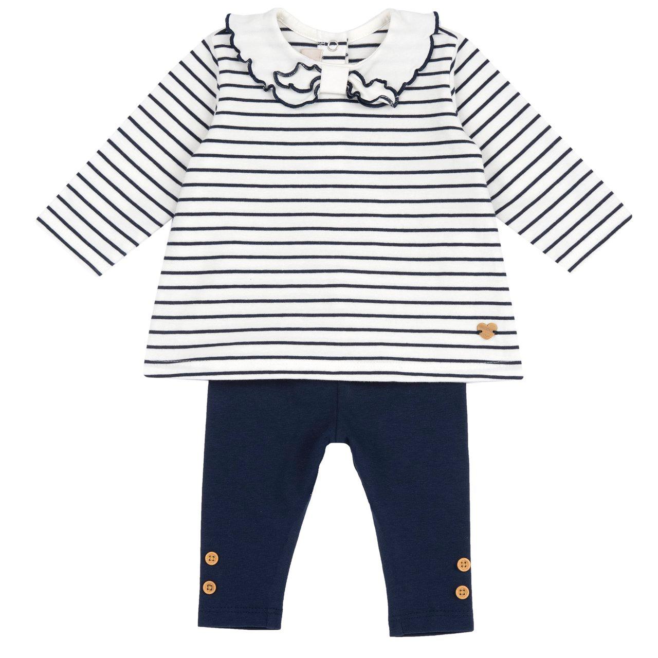 Completo Chicco per bambina con maglietta a righe tinte in filo e leggings in jersey elasticizzato, collo marinaretta e dettagli effetto legno. | Chicco