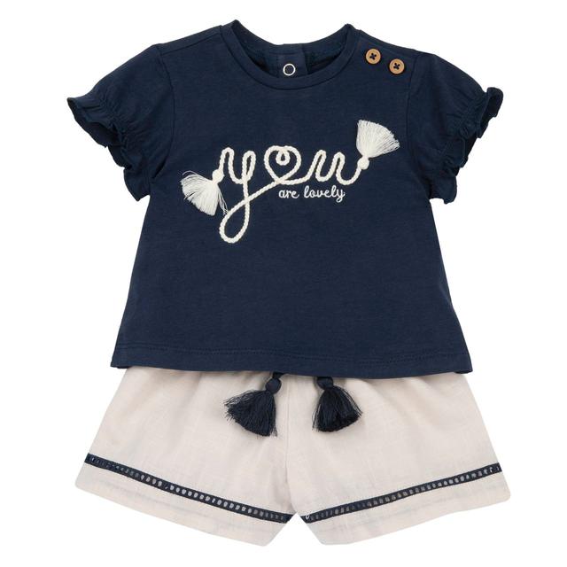 Completo Chicco per bambina in cotone effetto lino bianco, con maglietta a maniche a palloncino e pantaloncini corti con vita elasticizzata. | Chicco