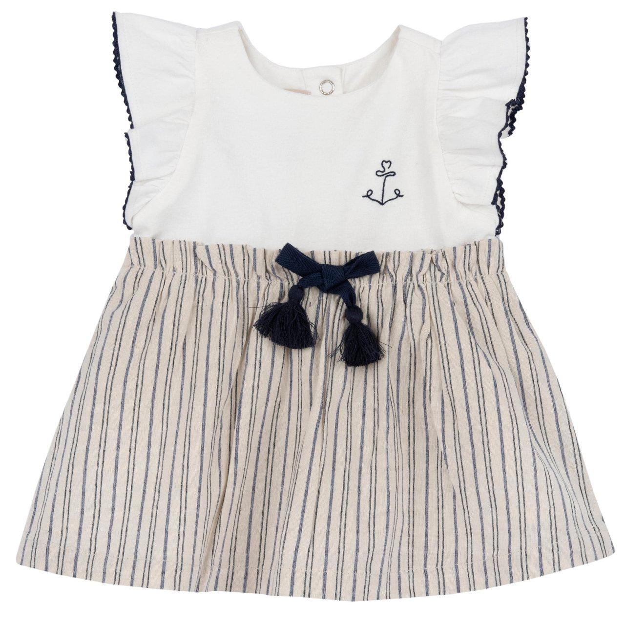 Vestito girocollo Chicco bianco a manica corta per bambina in morbido jersey elasticizzato e cotone rigato, con fiocco in gros grain e nappine. | Chicco