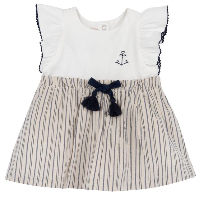 Vestito girocollo Chicco bianco a manica corta per bambina in morbido jersey elasticizzato e cotone rigato, con fiocco in gros grain e nappine. | Chicco
