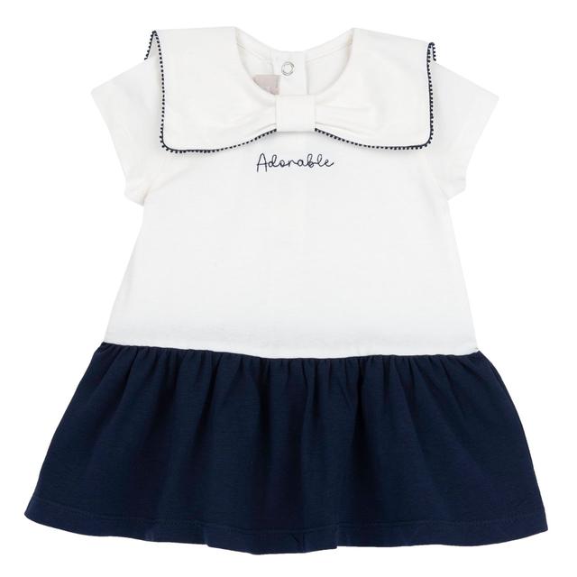 Vestito manica corta Chicco per bambina con collo marinaretta in morbido jersey elasticizzato bianco, ricamo e nastro decorativo. | Chicco