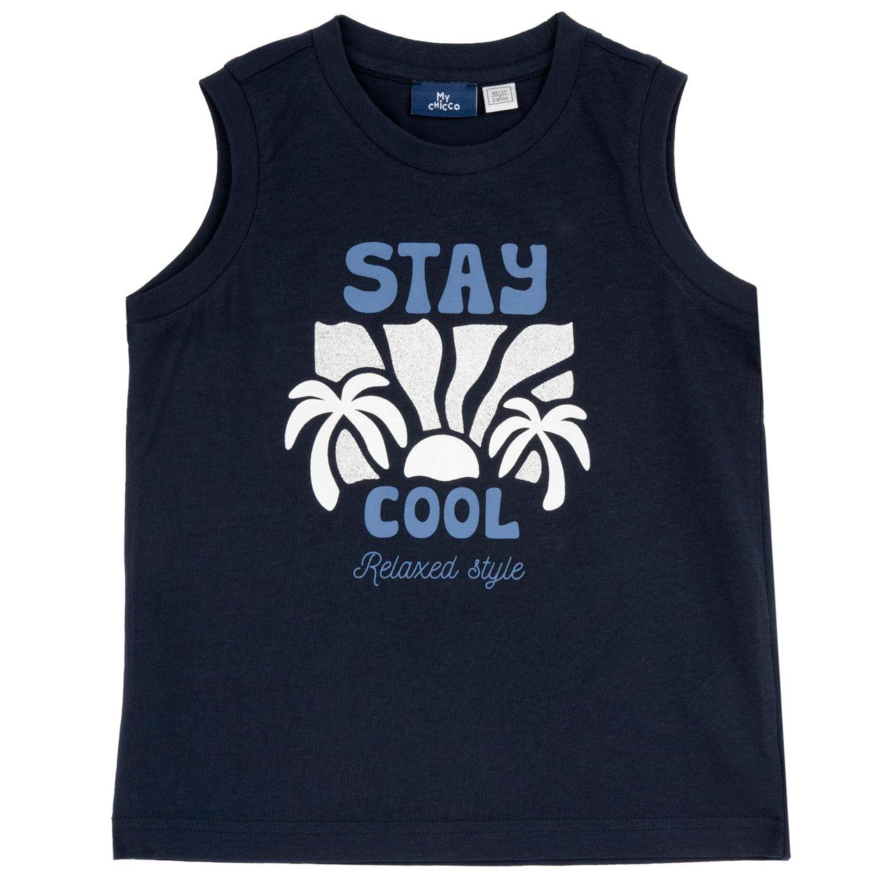 Canotta mare blu in jersey di cotone sostenibile per bambino con stampa di palme, parte della collezione Chicco. | Chicco