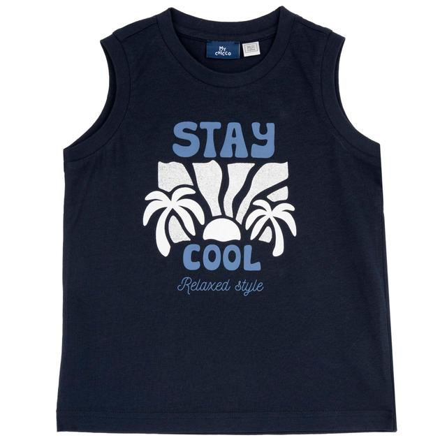 Canotta mare blu in jersey di cotone sostenibile per bambino con stampa di palme, parte della collezione Chicco. | Chicco