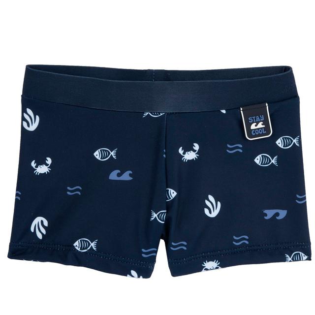 Costume parigamba blu per bambino Chicco con fantasia pesciolini, realizzato in tessuto tecnico riciclato e dotato di cordino regolabile in vita. | Chicco