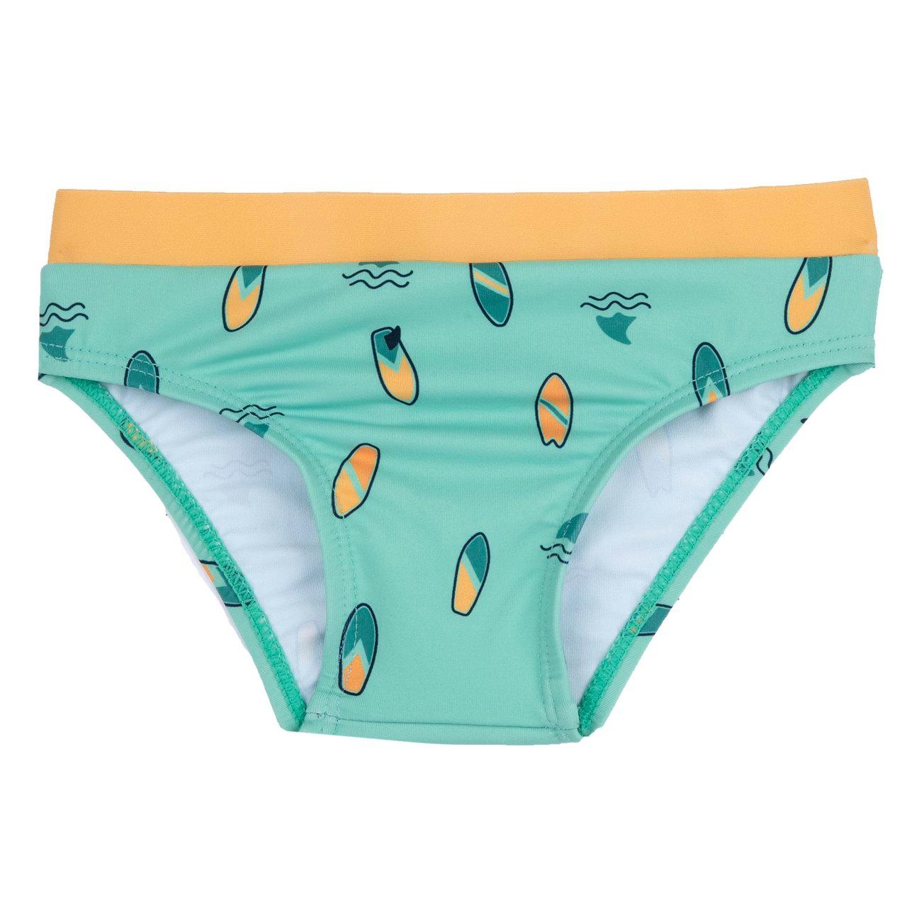 Costume slip bambino verde con fantasia surf, in tessuto tecnico riciclato, con cordino regolabile in vita, collezione Chicco. | Chicco