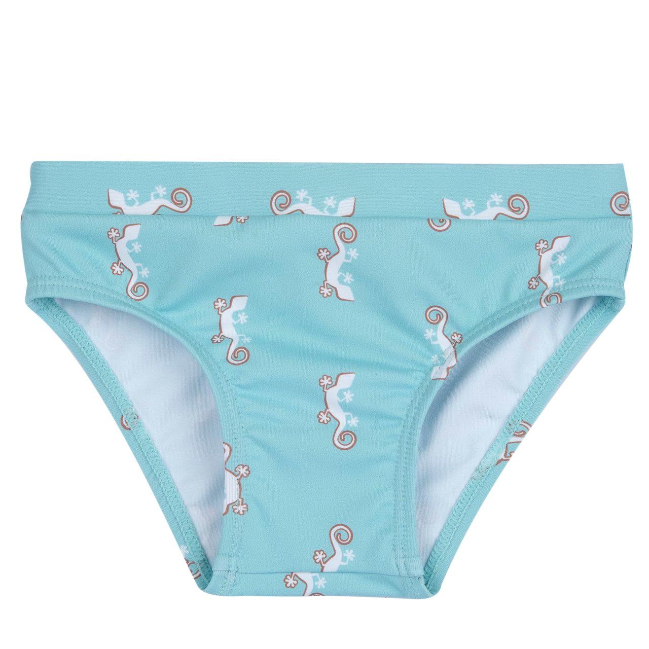 Costume slip azzurro per bambino Chicco con fantasia geco, realizzato in tessuto tecnico riciclato, con cordino regolabile in vita per la stagione primavera/estate. | Chicco