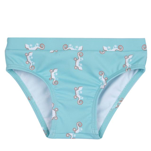 Costume slip azzurro per bambino Chicco con fantasia geco, realizzato in tessuto tecnico riciclato, con cordino regolabile in vita per la stagione primavera/estate. | Chicco