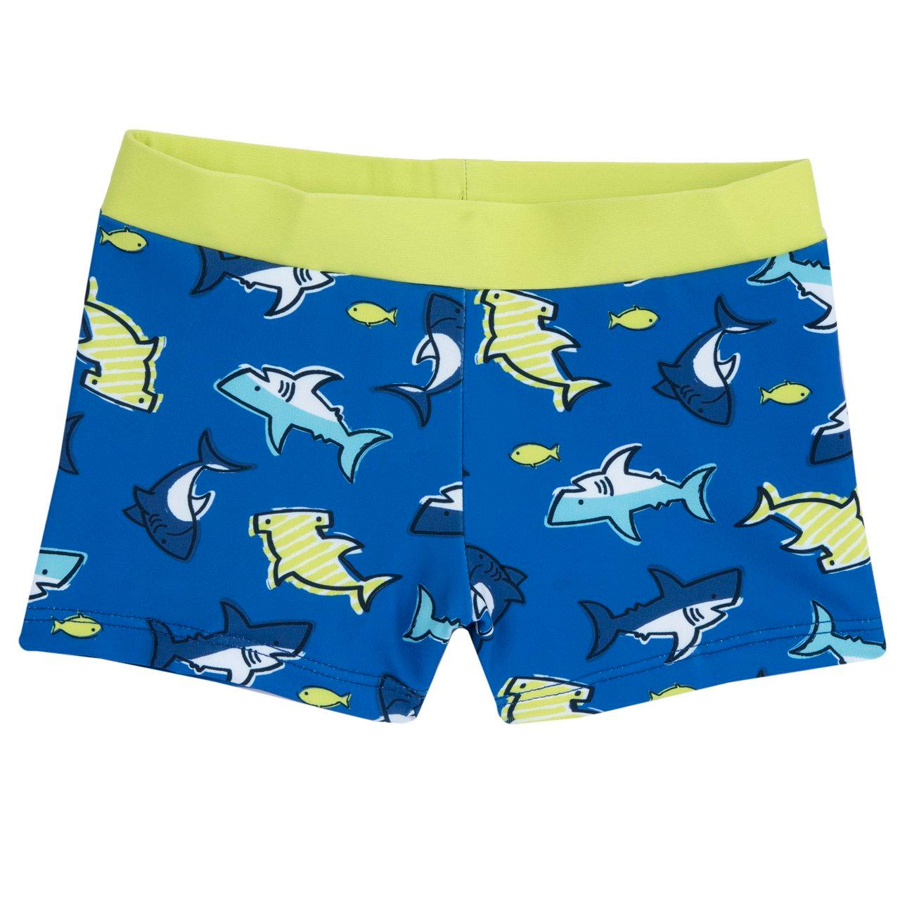 Costume parigamba blu per bambino Chicco con fantasia di squaletti, realizzato in tessuto tecnico riciclato e dotato di cordino regolabile in vita. | Chicco