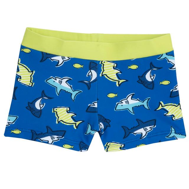 Costume parigamba blu per bambino Chicco con fantasia di squaletti, realizzato in tessuto tecnico riciclato e dotato di cordino regolabile in vita. | Chicco