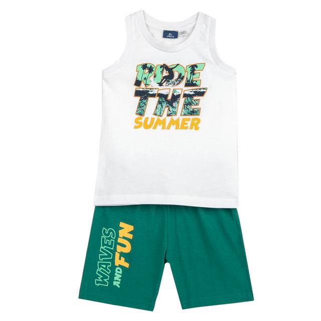 Completo estivo Chicco per bambino composto da canotta con stampa fotografica e pantaloni corti bianchi con scritte colorate, vita elasticizzata e cordino. | Chicco