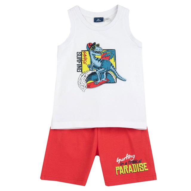 Completo estivo Chicco per bambino con canotta bianca e pantaloni corti fantasia dinosauro in morbido cotone sostenibile. | Chicco
