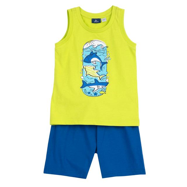 Completo mare verde per bambino Chicco con canotta stampa squaletti e pantaloncini in cotone sostenibile Oeko-Tex, vita elasticizzata. | Chicco