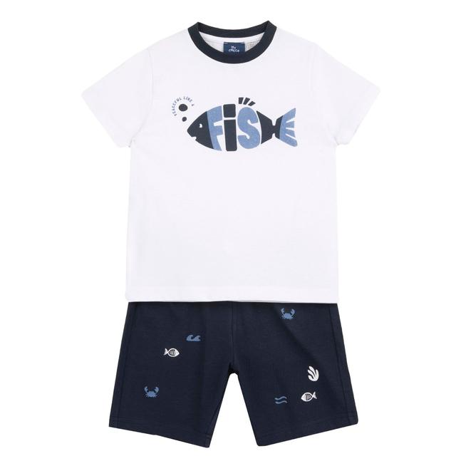 Completo mare bambino Chicco bianco con maglietta a manica corta e stampa pesce stilizzato e pantaloni corti in jersey di cotone con micro stampe. | Chicco