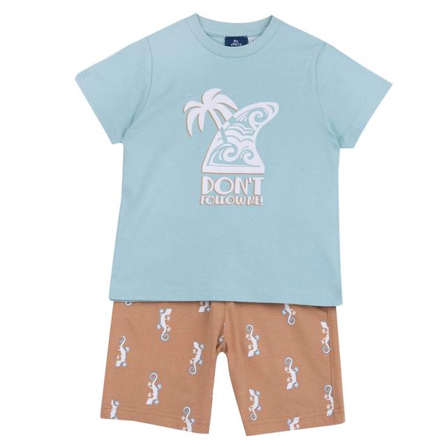 Completo azzurro Chicco per bambino con maglietta a manica corta con stampa di geco e pantaloni corti fantasia in jersey di cotone sostenibile. | Chicco